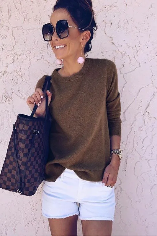 Long Sleeves Scoop Pure Color Irregular Pullover Sweater