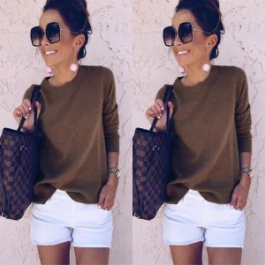 Long Sleeves Scoop Pure Color Irregular Pullover Sweater