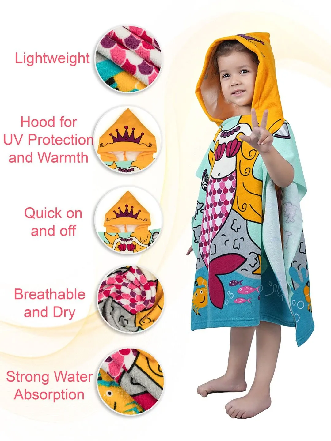 Mermaid Adventure Hooded Poncho Towel For Girls – Blue and Yellow, 120 x 60 cm"