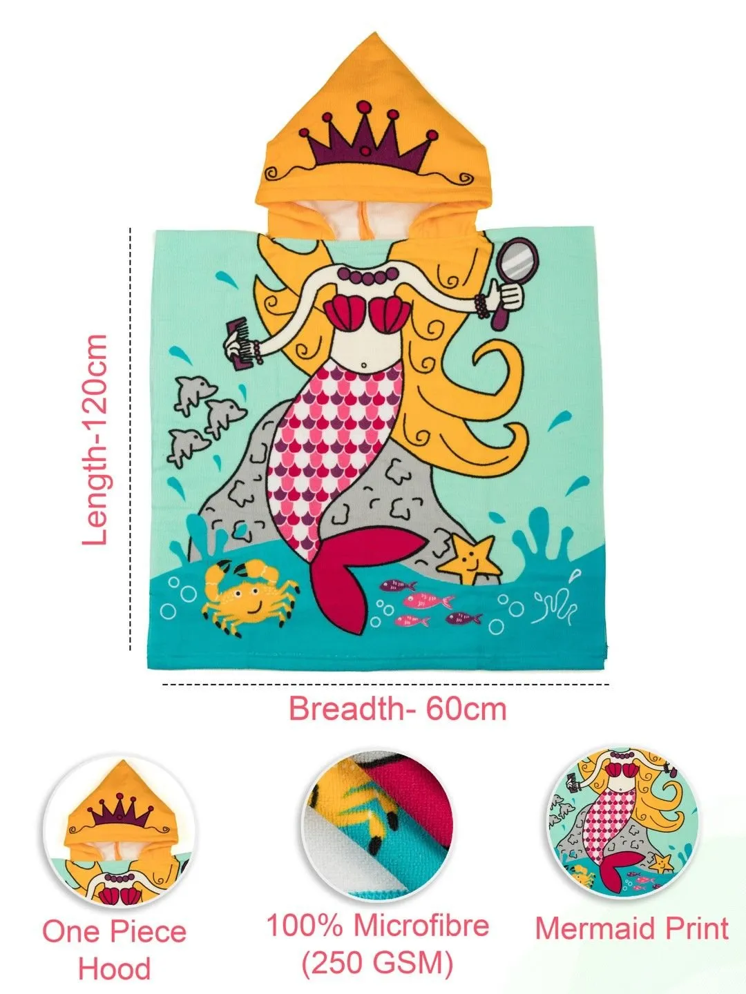 Mermaid Adventure Hooded Poncho Towel For Girls – Blue and Yellow, 120 x 60 cm"