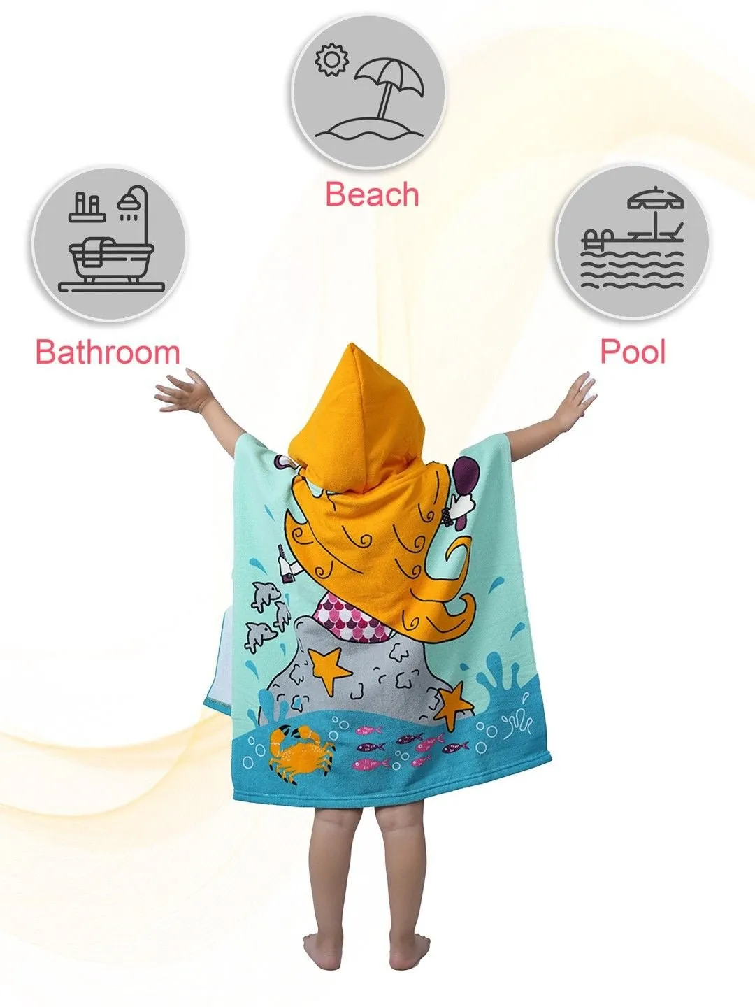 Mermaid Adventure Hooded Poncho Towel For Girls – Blue and Yellow, 120 x 60 cm"