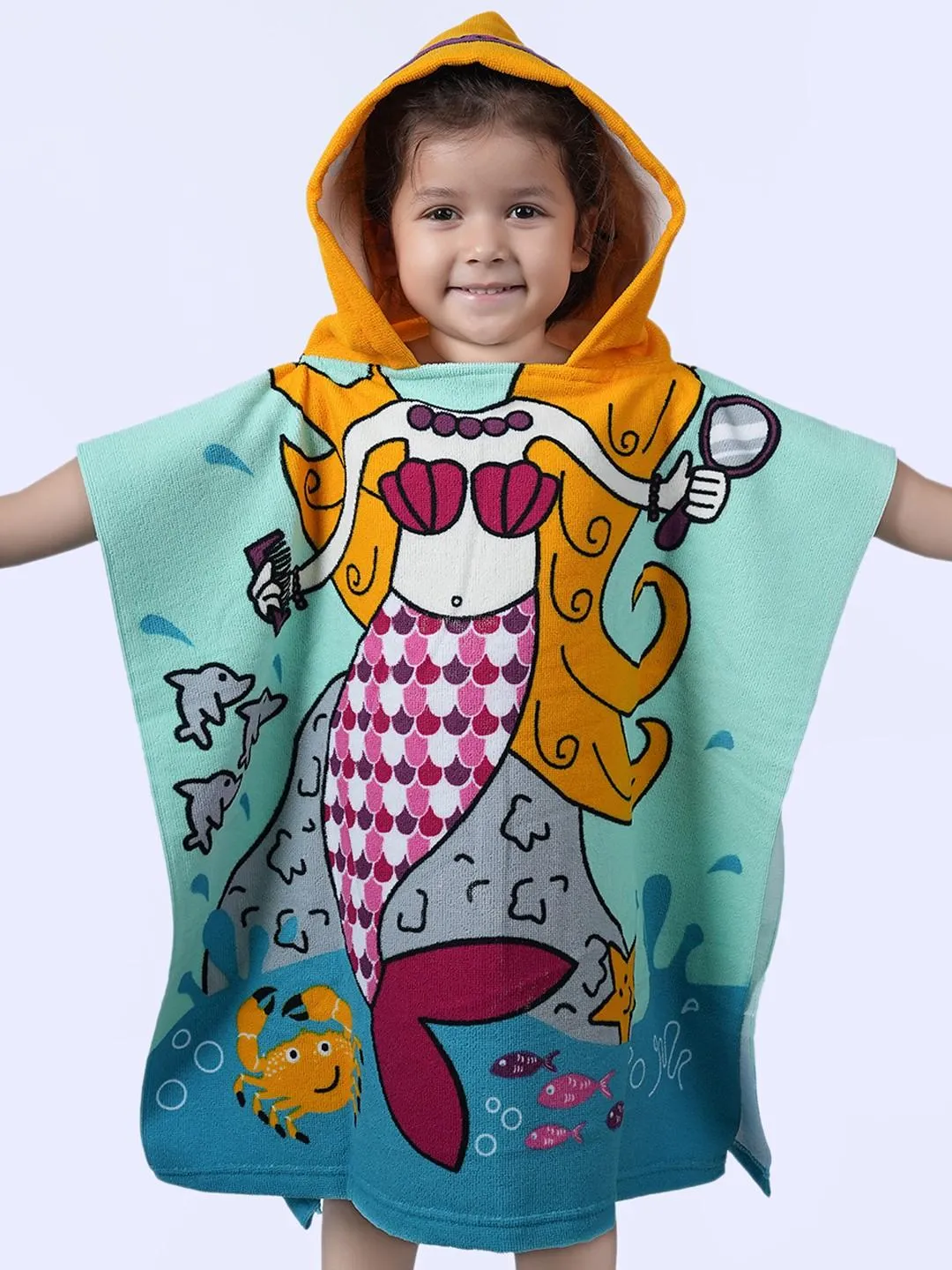 Mermaid Adventure Hooded Poncho Towel For Girls – Blue and Yellow, 120 x 60 cm"