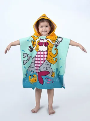 Mermaid Adventure Hooded Poncho Towel For Girls – Blue and Yellow, 120 x 60 cm"