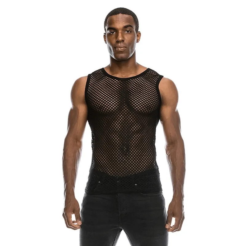Mesh See-through Fishnet Tanks Tops for Men / Sexy Perspective Sleeveless Fitted Muscle Top
