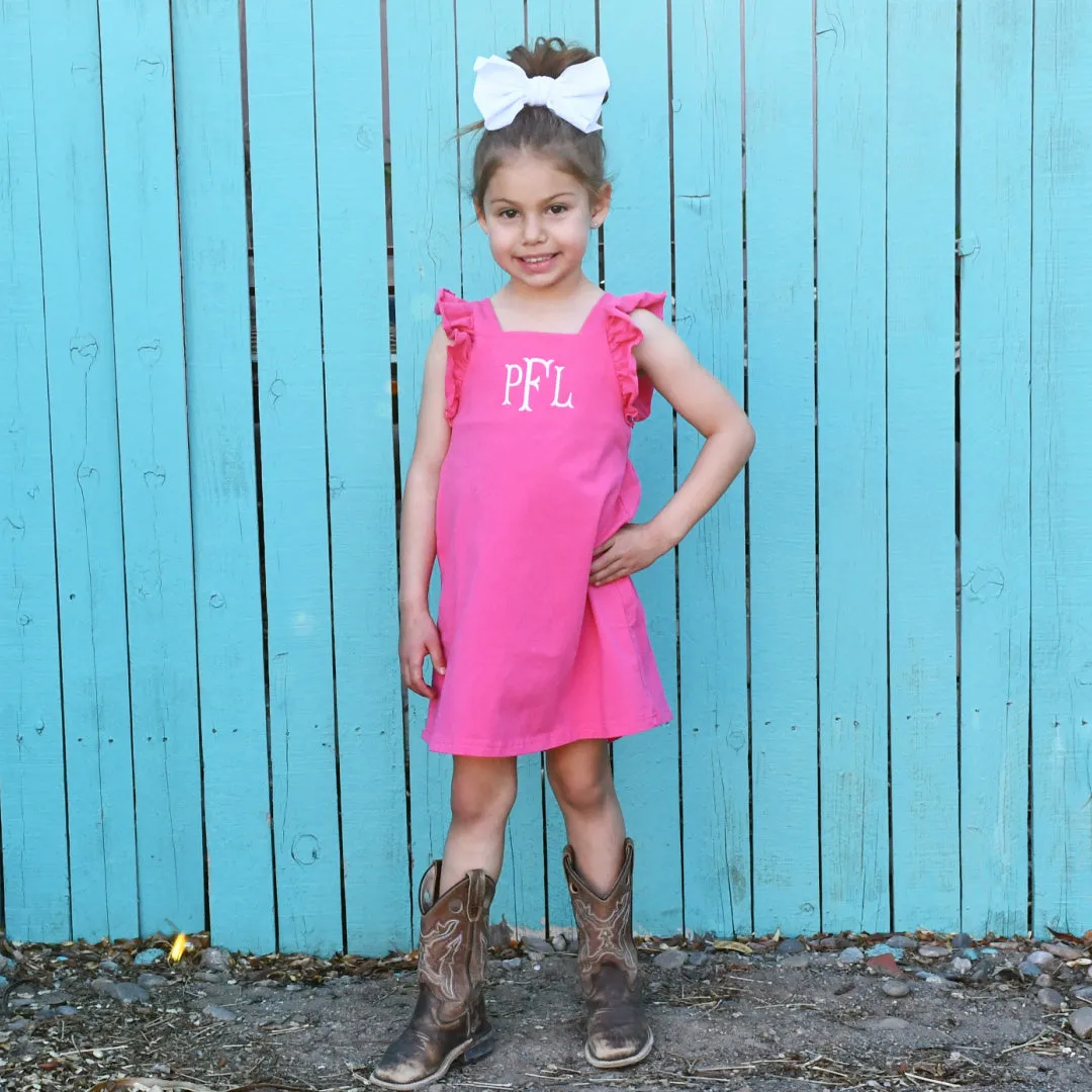 Monogrammed Girls Short Sleeve Dress- Hot Pink