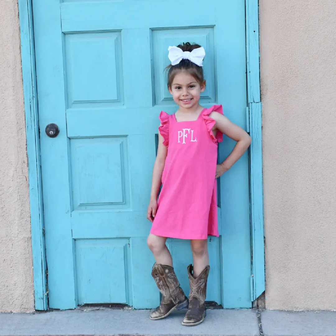 Monogrammed Girls Short Sleeve Dress- Hot Pink