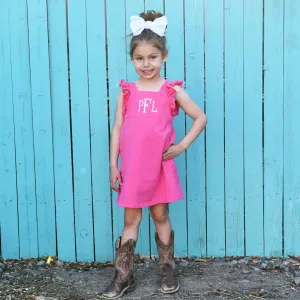 Monogrammed Girls Short Sleeve Dress- Hot Pink