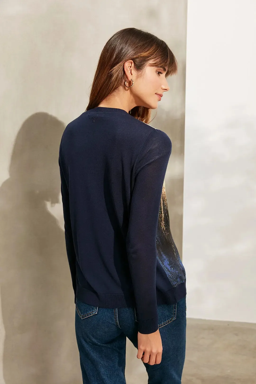 Navy Blue Silk Goya Round Collar Long Sleeve Patterned Women's Cardigan