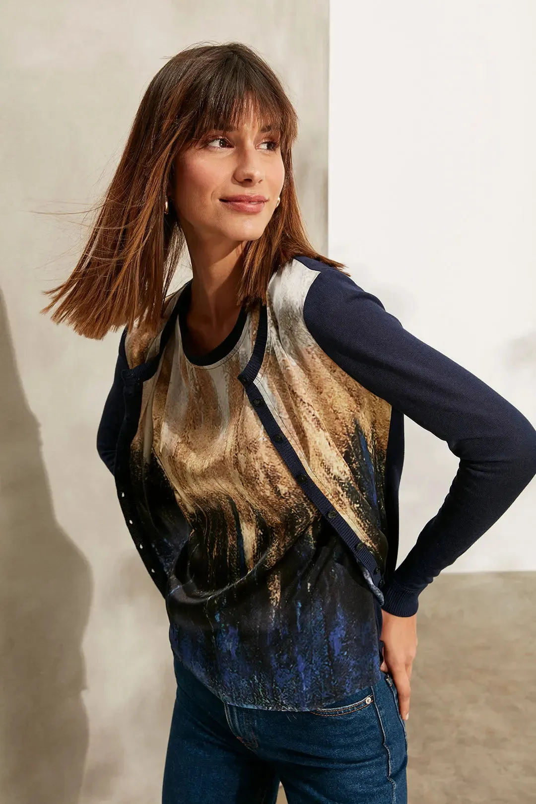 Navy Blue Silk Goya Round Collar Long Sleeve Patterned Women's Cardigan