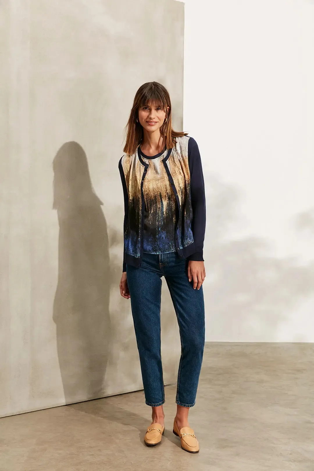 Navy Blue Silk Goya Round Collar Long Sleeve Patterned Women's Cardigan