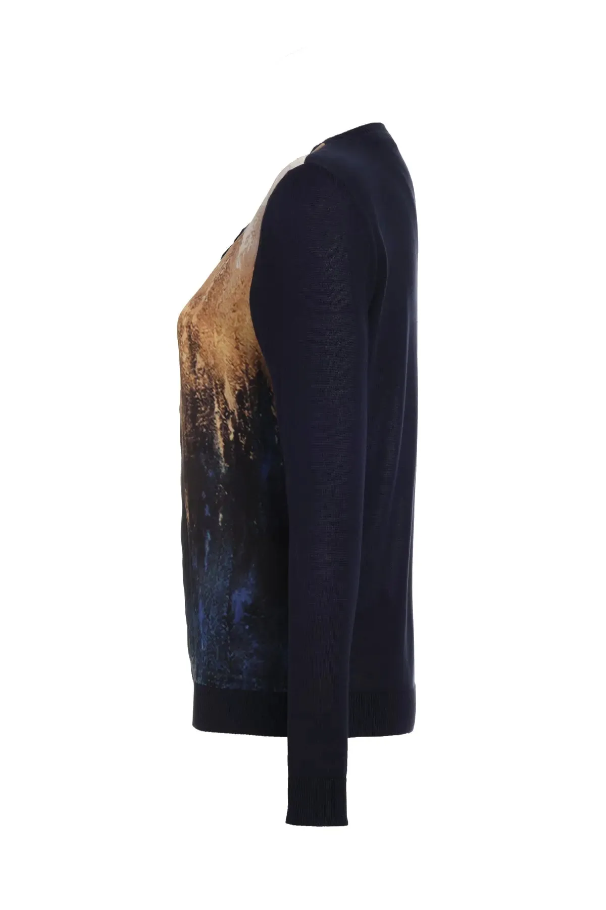 Navy Blue Silk Goya Round Collar Long Sleeve Patterned Women's Cardigan