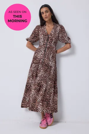 Neutral with Black Cheetah Zip Detail Tiered Midi Dress