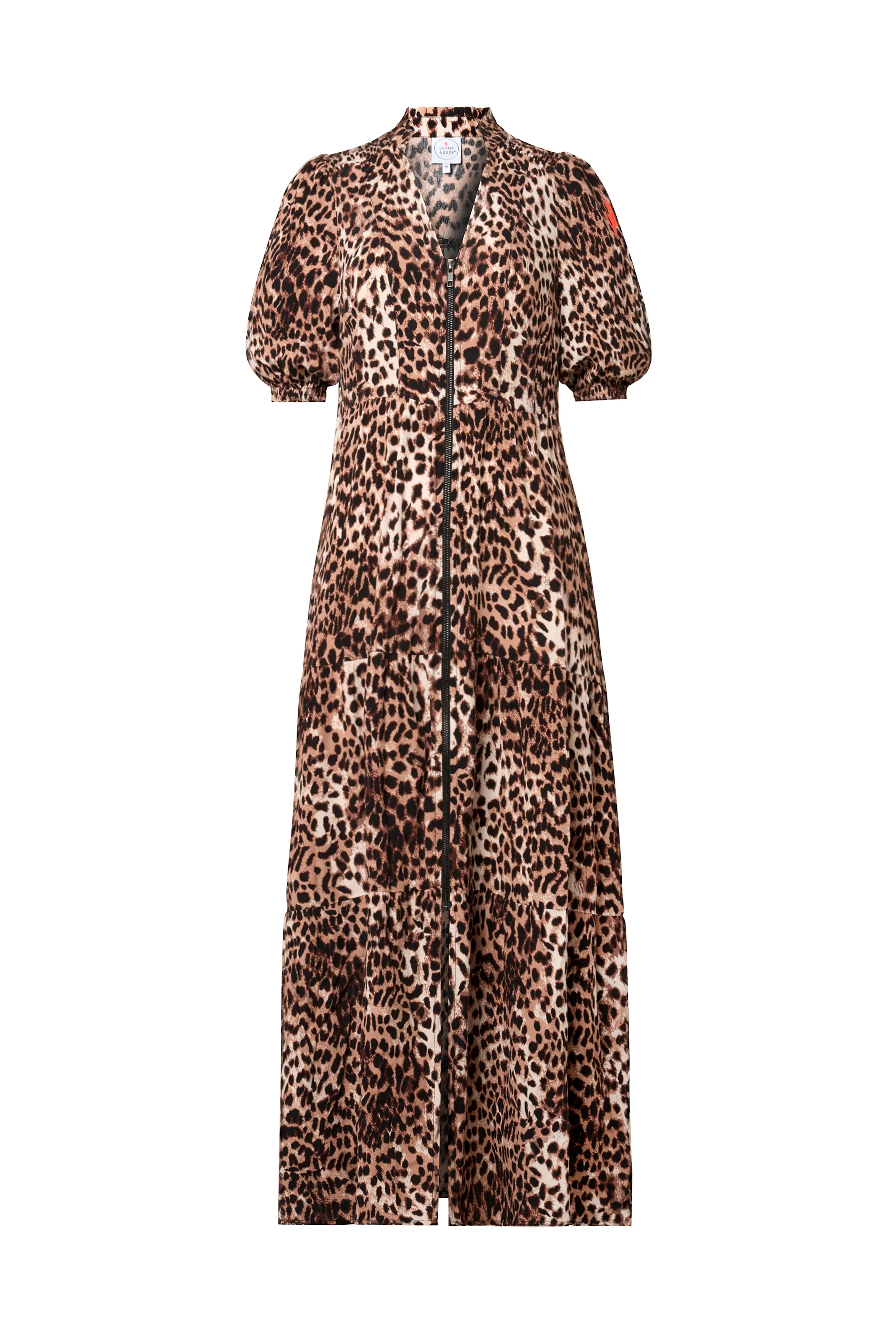 Neutral with Black Cheetah Zip Detail Tiered Midi Dress