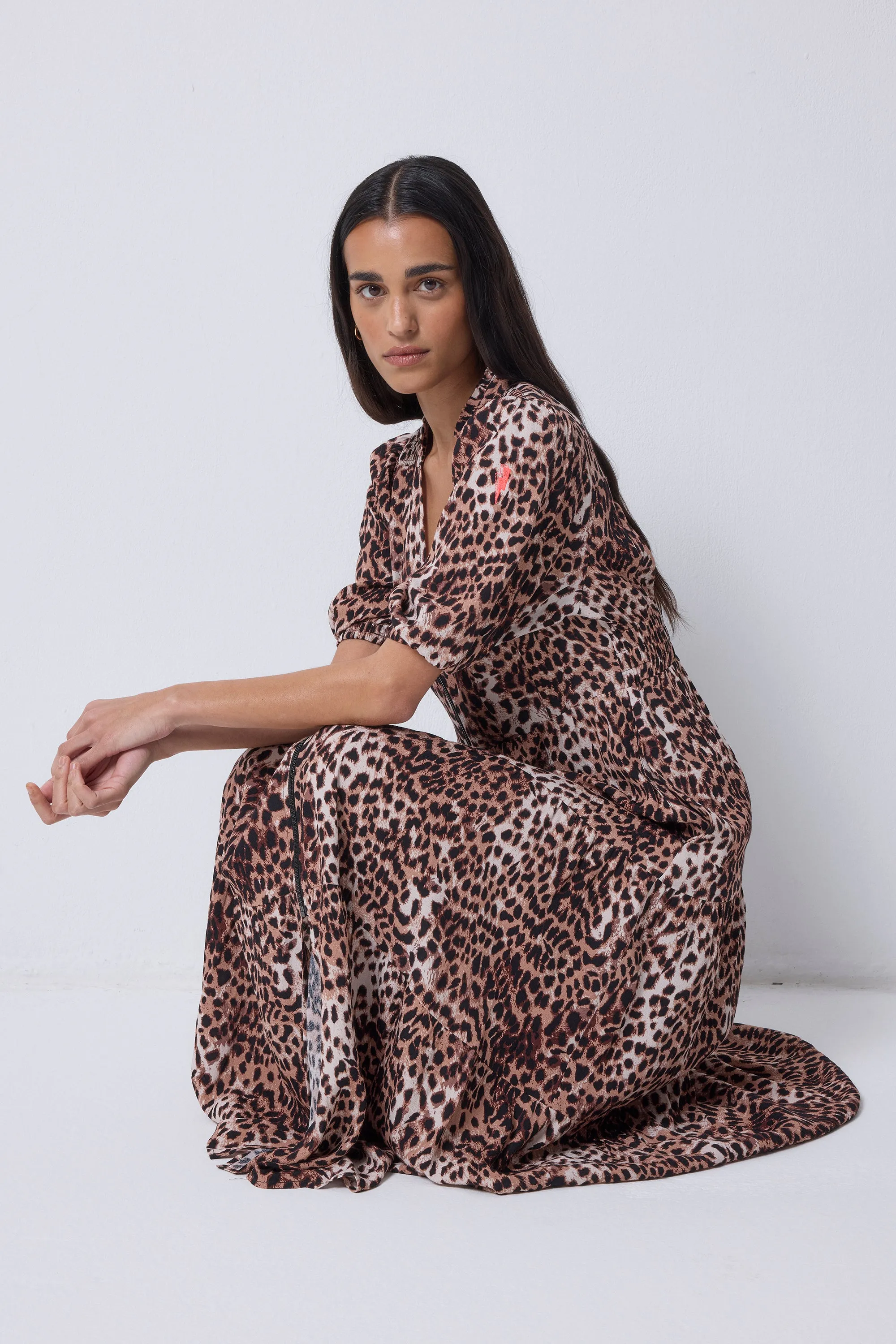 Neutral with Black Cheetah Zip Detail Tiered Midi Dress