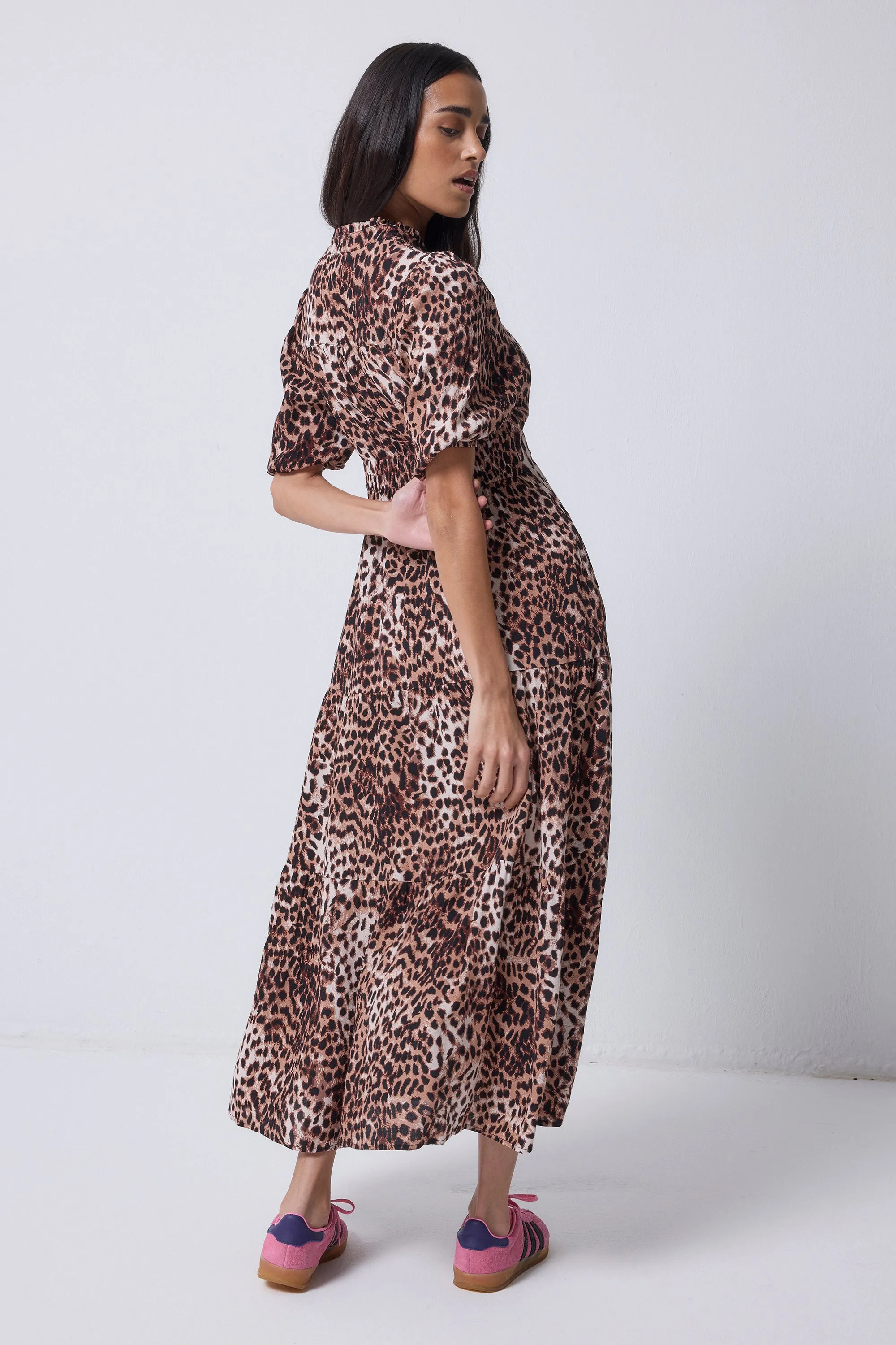 Neutral with Black Cheetah Zip Detail Tiered Midi Dress