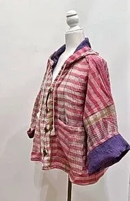 New Style Kantha Cropped Shacket Jacket (Pink Check)