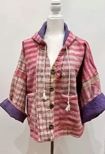 New Style Kantha Cropped Shacket Jacket (Pink Check)