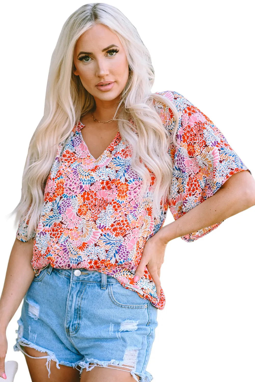 Notch V Neck Gorgeous Floral Blouse