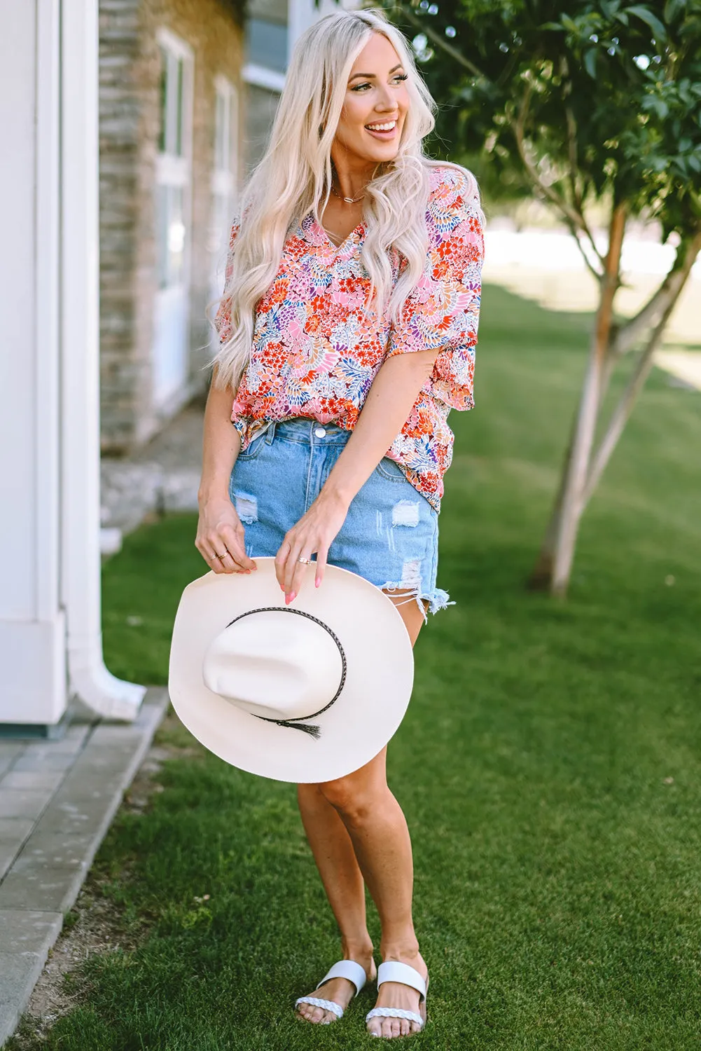 Notch V Neck Gorgeous Floral Blouse