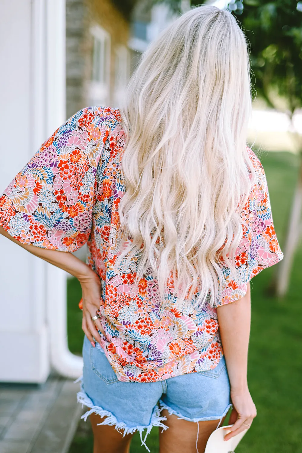 Notch V Neck Gorgeous Floral Blouse