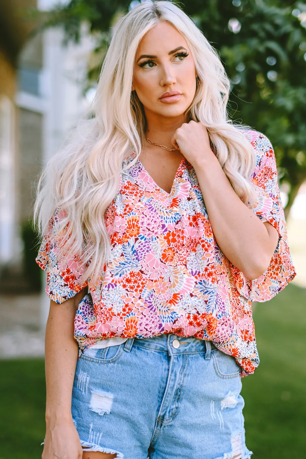 Notch V Neck Gorgeous Floral Blouse