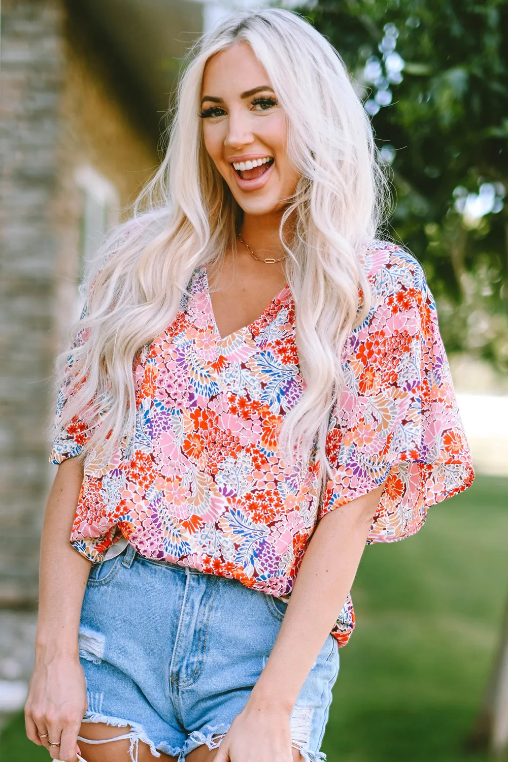 Notch V Neck Gorgeous Floral Blouse