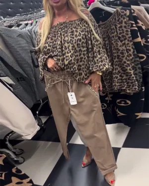 One shoulder leopard print fashionable blouse
