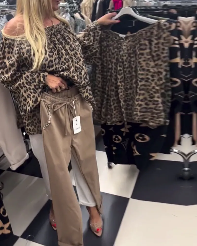 One shoulder leopard print fashionable blouse