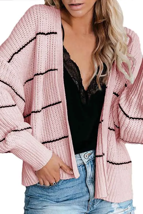 Open Front Bishop Sleeve Striped Cardigan Sweater