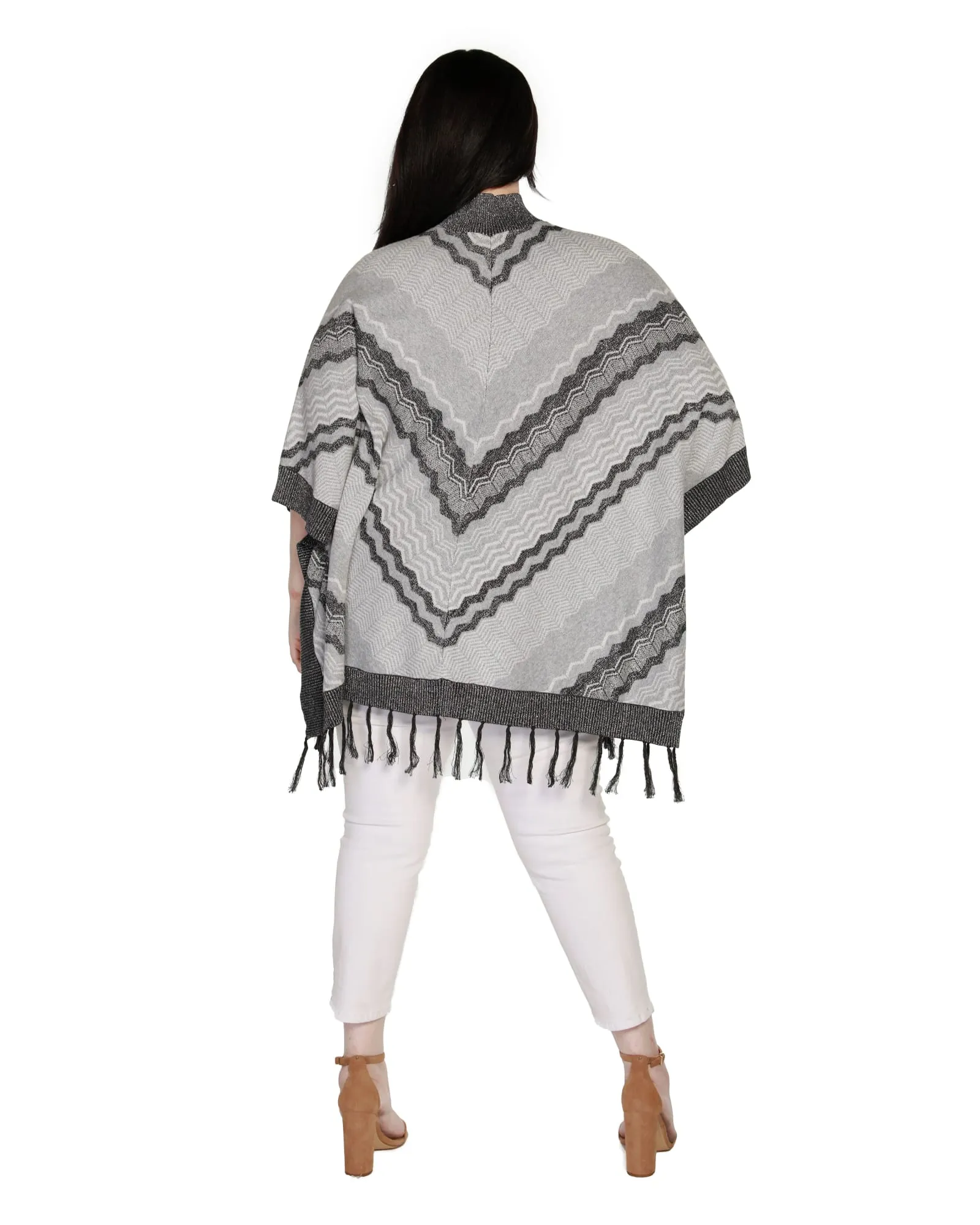 Plus Size Chevron Fringe Poncho | Heather Grey Combo