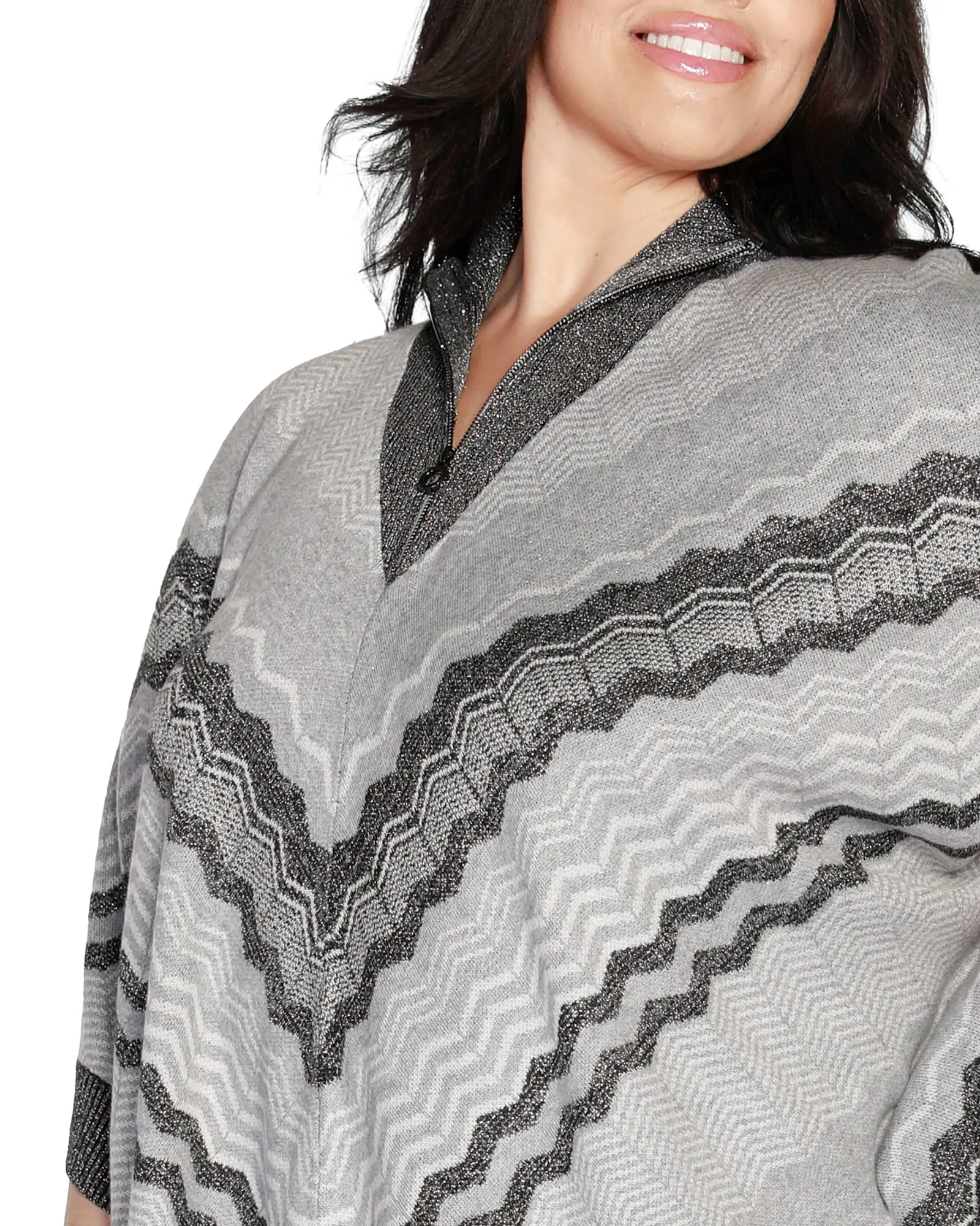 Plus Size Chevron Fringe Poncho | Heather Grey Combo