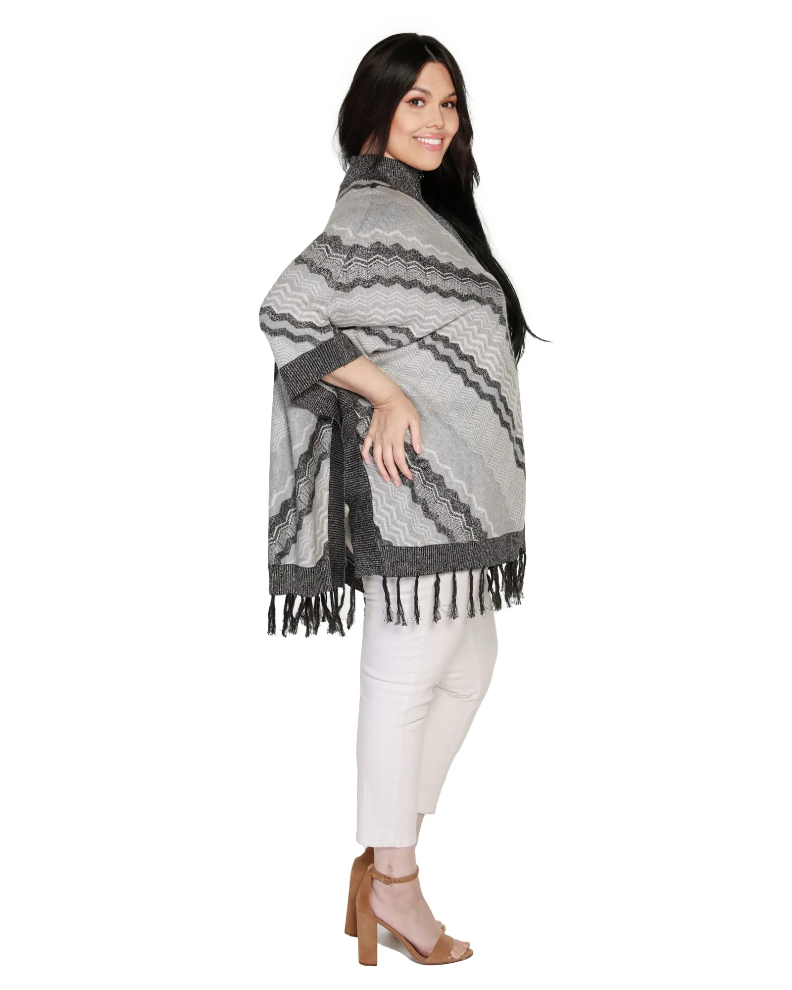 Plus Size Chevron Fringe Poncho | Heather Grey Combo