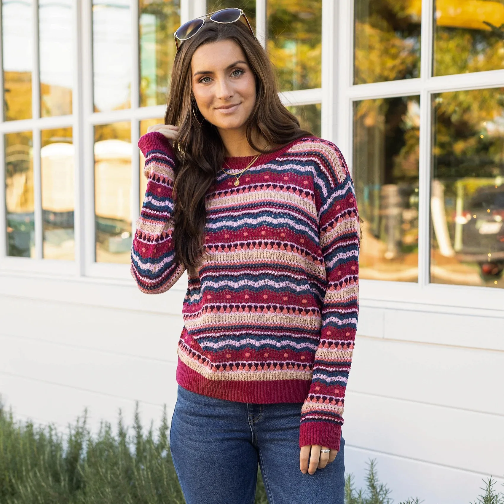 Pointelle Multi Jewel Striped Sweater
