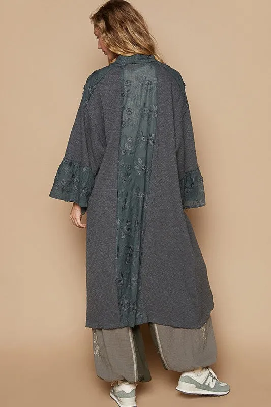 POL Flower Lace Trim Open Front Longline Cardigan in Charcoal