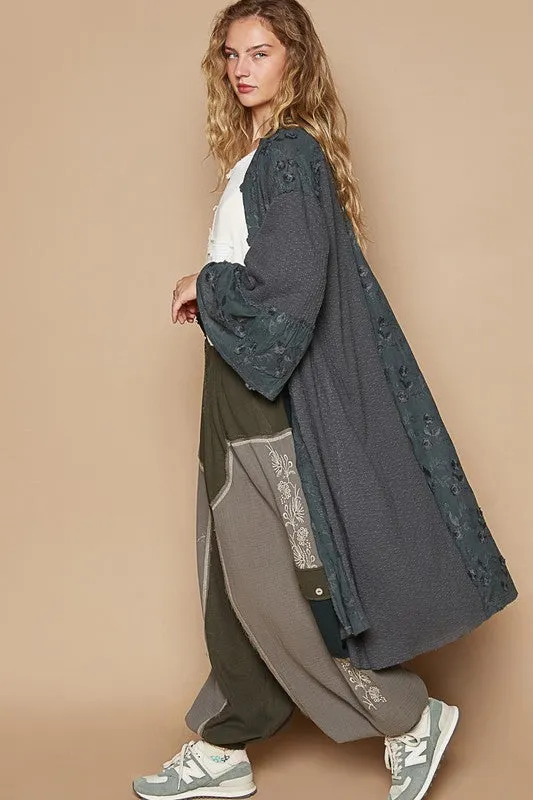 POL Flower Lace Trim Open Front Longline Cardigan in Charcoal