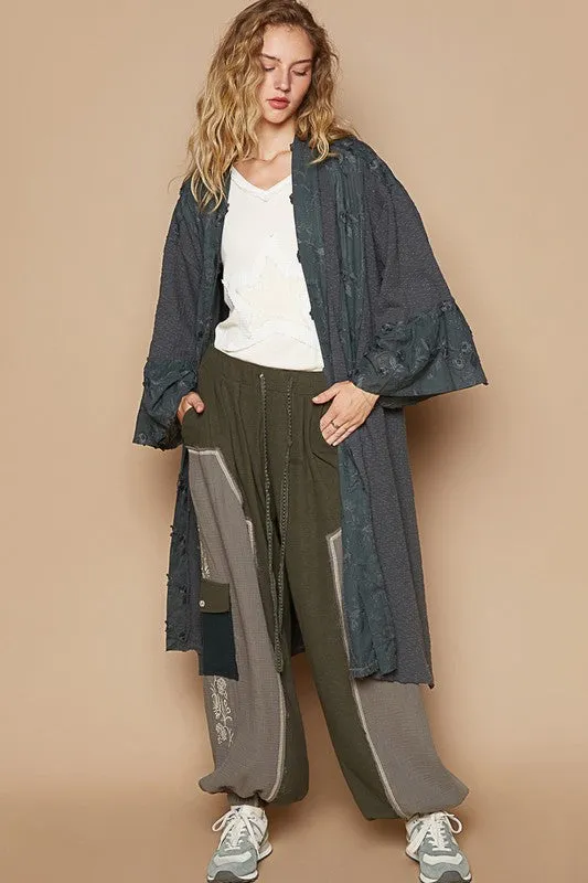 POL Flower Lace Trim Open Front Longline Cardigan in Charcoal
