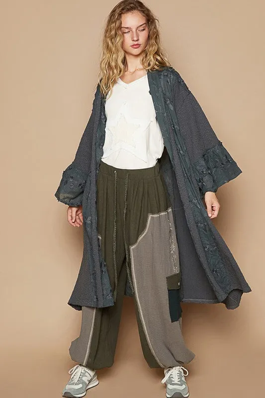 POL Flower Lace Trim Open Front Longline Cardigan in Charcoal