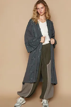 POL Flower Lace Trim Open Front Longline Cardigan in Charcoal