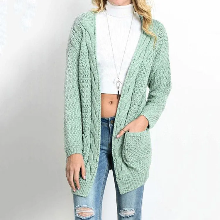 Pure Color Long Sleeves V-neck Long Cardigan