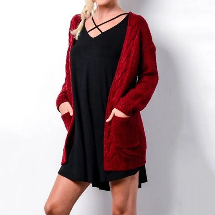Pure Color Long Sleeves V-neck Long Cardigan