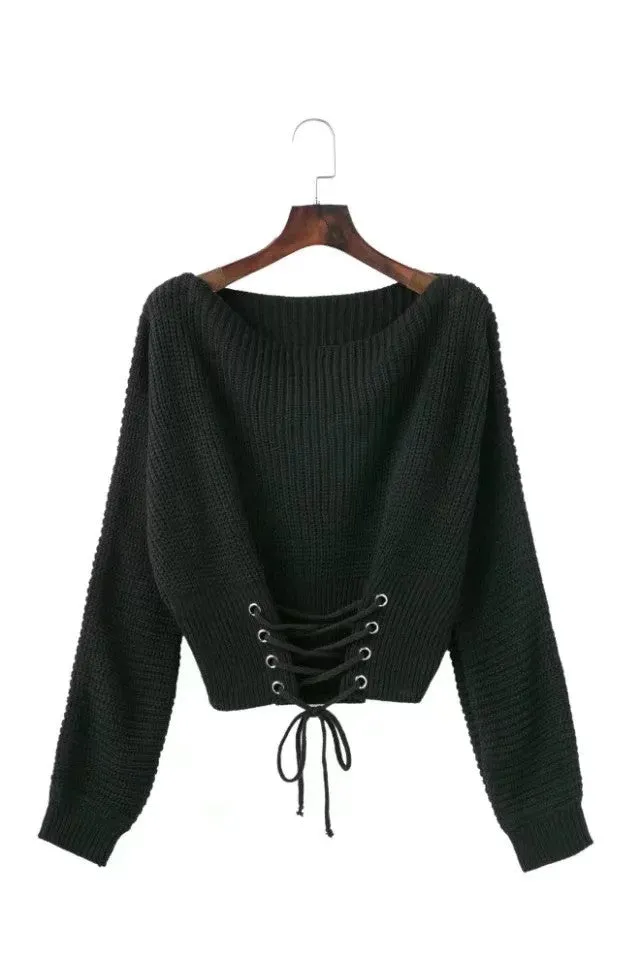 Pure Color Scoop Long Sleeves Lace Up Sweater