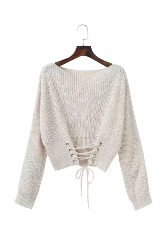 Pure Color Scoop Long Sleeves Lace Up Sweater
