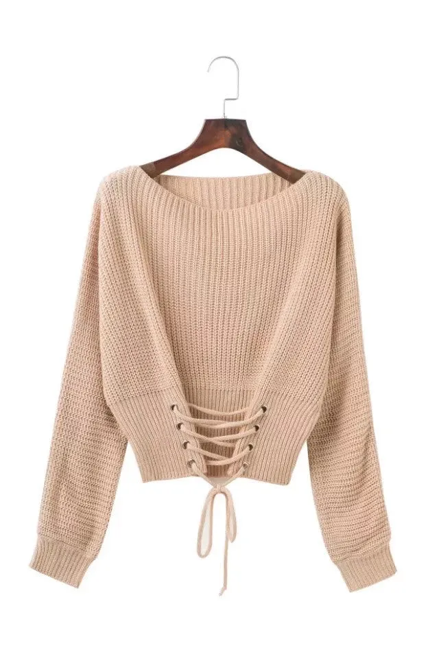 Pure Color Scoop Long Sleeves Lace Up Sweater