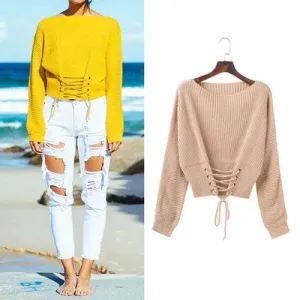 Pure Color Scoop Long Sleeves Lace Up Sweater