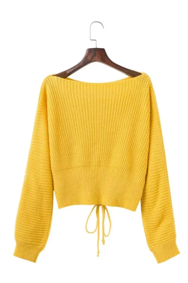 Pure Color Scoop Long Sleeves Lace Up Sweater
