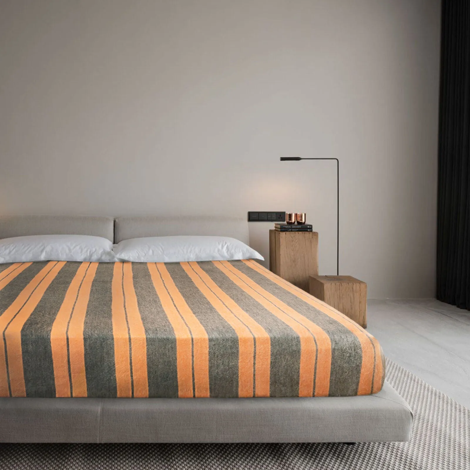 Pusanuma - Baby Alpaca Wool Throw Blanket / Sofa Cover - Queen 95 x 67 in - tiger stripes - orange/dark gray