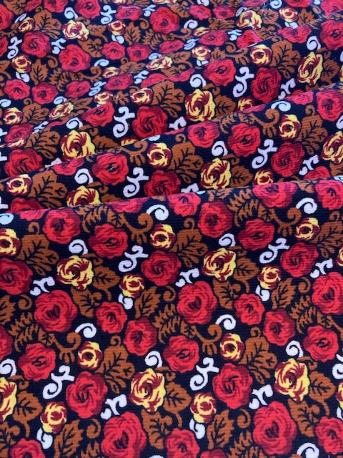 Red Flowers on Chestnut/Black Lightweight Cotton Corduroy