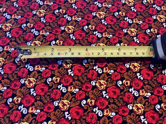 Red Flowers on Chestnut/Black Lightweight Cotton Corduroy