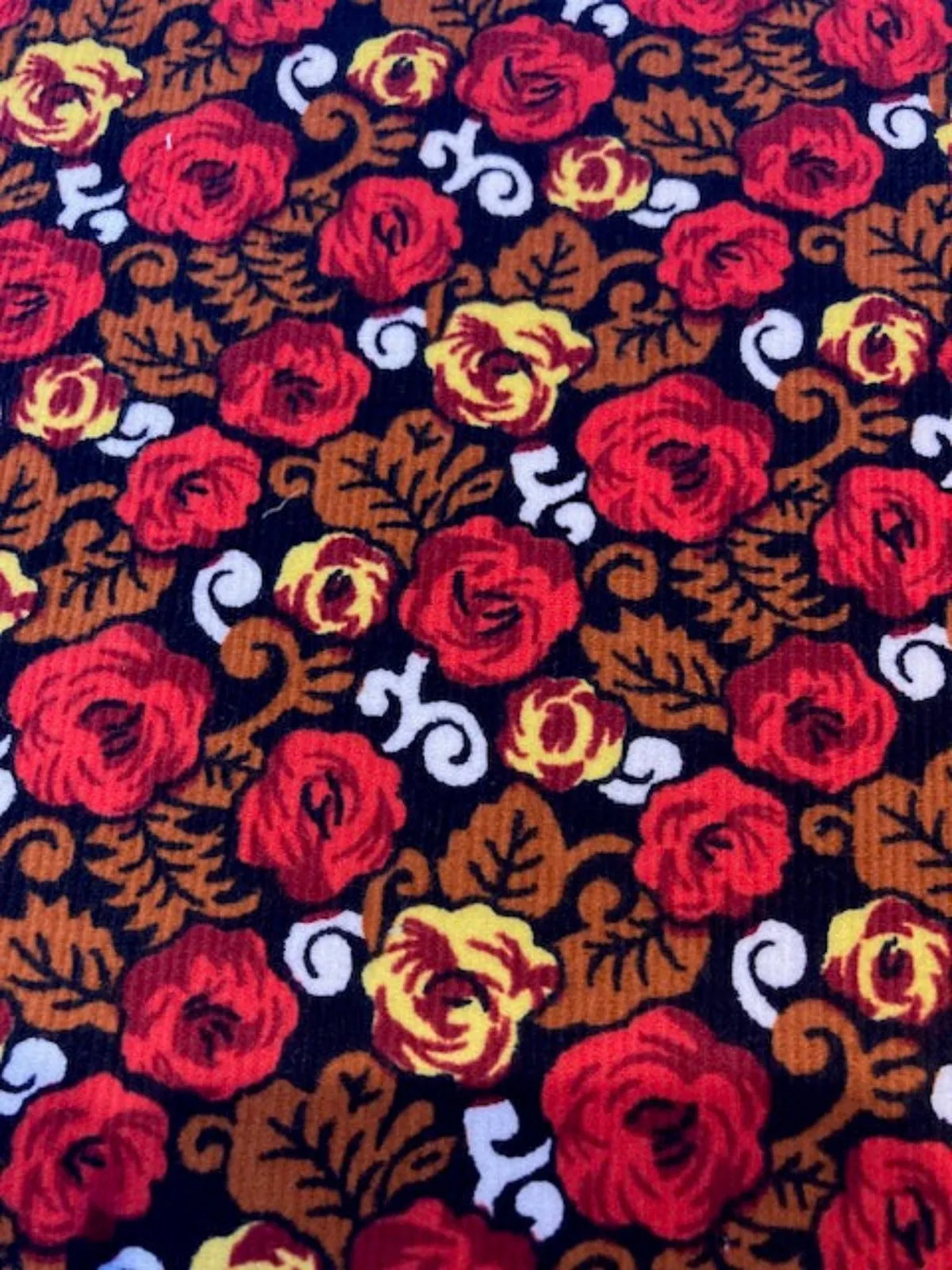 Red Flowers on Chestnut/Black Lightweight Cotton Corduroy