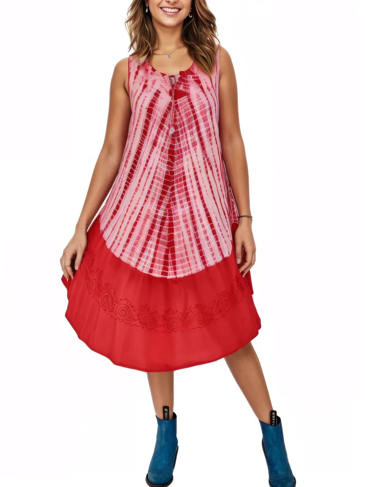 Red Tie-Dye Sleeveless Boho Dress – Lightweight & Embroidered | Tenku Designs